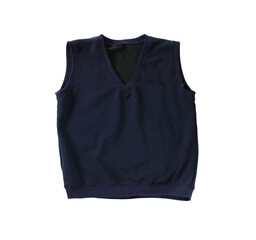 Dark blue vest isolated on white, top view. Stylish school uniform
