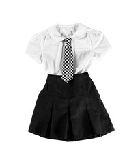 Stylish school uniform for girl on white background, top view