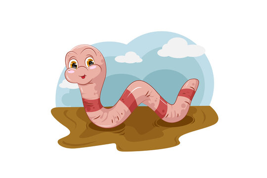 A cute pink worm on the mud with sky and cloud background, design animal cartoon vector illustration