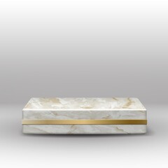 3d realistic vector marble texture square stage with golden decoration on gray background. 