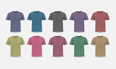 Realistic vector T-Shirt pastel color front view blank mockup collection set grey background illustration.