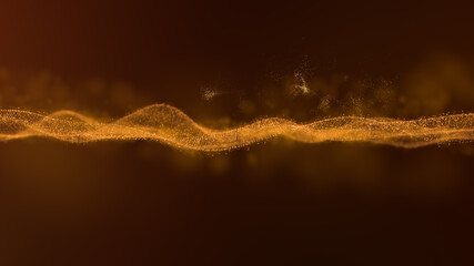 Abstract luxurious, premium glittering golden particles wave motion background floating in...