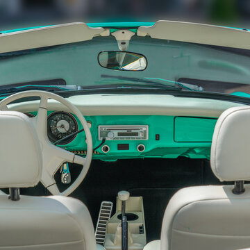 June 11, 2018 - Breda, Netherlands: interior and dash board of a mint green kamann ghia at a classic car meeting