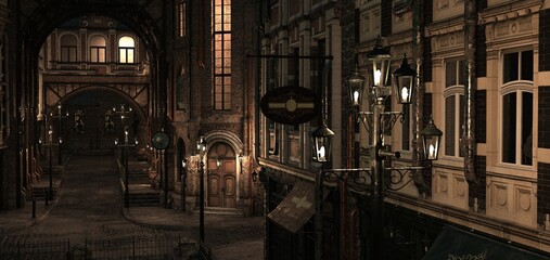 Night on a street of a steampunk city. Lanterns illuminating old brick buildings. Beautiful night cityscape. Photorealistic 3D illustration.