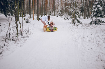 Happy mother and little cute girl in pink warm outwear walking having fun rides inflatable snow tube with red shiba inu dog in snowy white winter forest outdoors. Family sport vacation activities