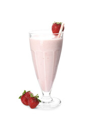 Tasty fresh milk shake and strawberries on white background