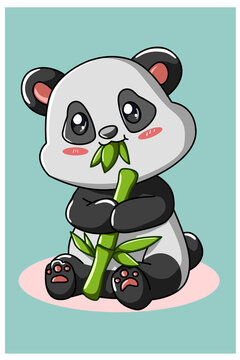 A little cute panda eating bamboo illustration