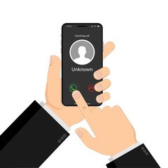 Incoming call on mobile phone. The hand holds the smartphone incoming call on screen. Calling on smartphone with caller avatar. Vector illustration