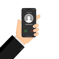 Incoming call on mobile phone. The hand holds the smartphone incoming call on screen. Calling on smartphone with caller avatar. Vector illustration