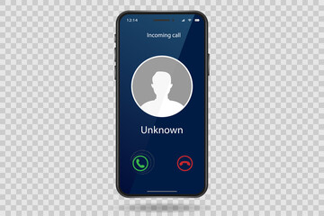 Incoming call on mobile phone. Calling on smartphone with caller avatar, contact photo on ringing phones screen. Realistic phone frame design. Vector illustration