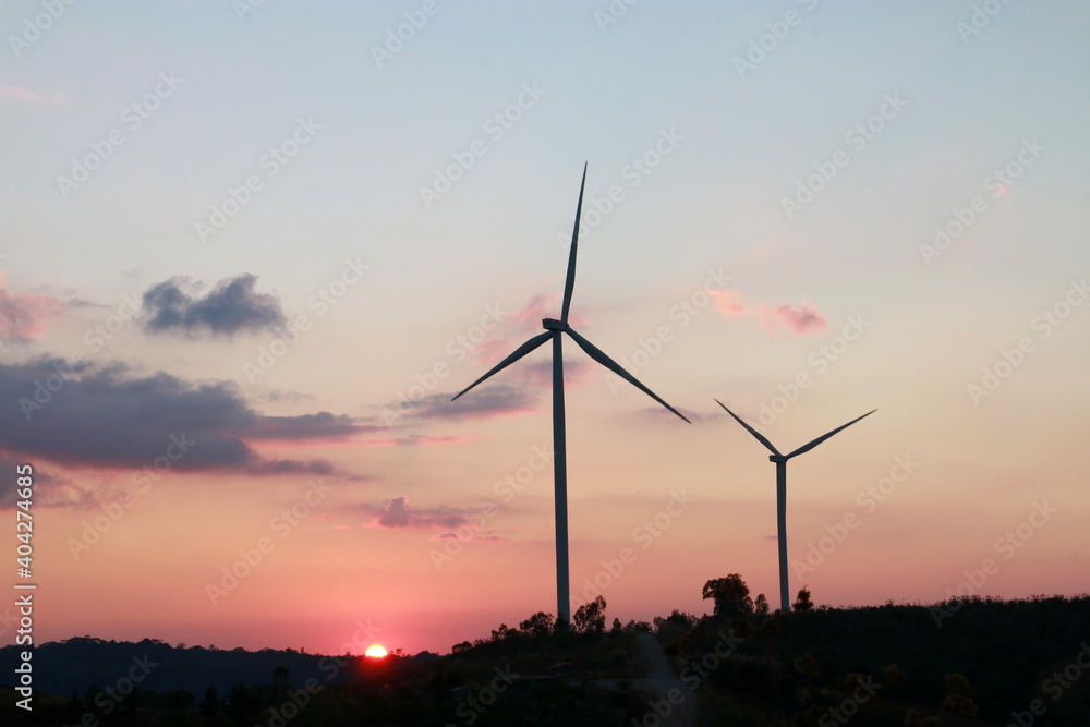 Wall mural silhouette of the wind turbine sunrise , dan khao kho,phetchabun, thailand.