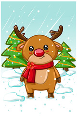 Fototapeta premium A small deer wearing red coat in the christmas season