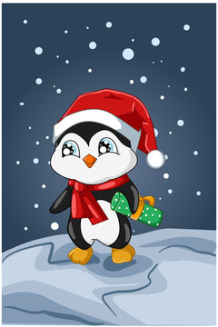A small and cute baby penguin wearing Christmas hat in the winter