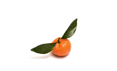 Tangerine with two green leaves on white isolated background