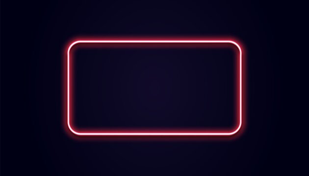 Neon rectangle banner. Vector luminous squared shape. Glow red light. Retro pink lamp on black wall.