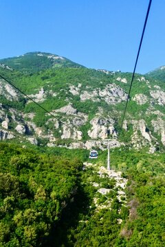 Dajti Express (or Dajti Ekspres) cable cars going to Dajti mountain. The longest cableway in the Balkans, tourist attraction. Tirana, Albania - June 8 2019