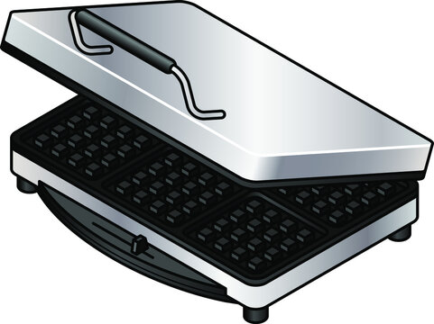 A large rectangular stainless steel waffle iron.