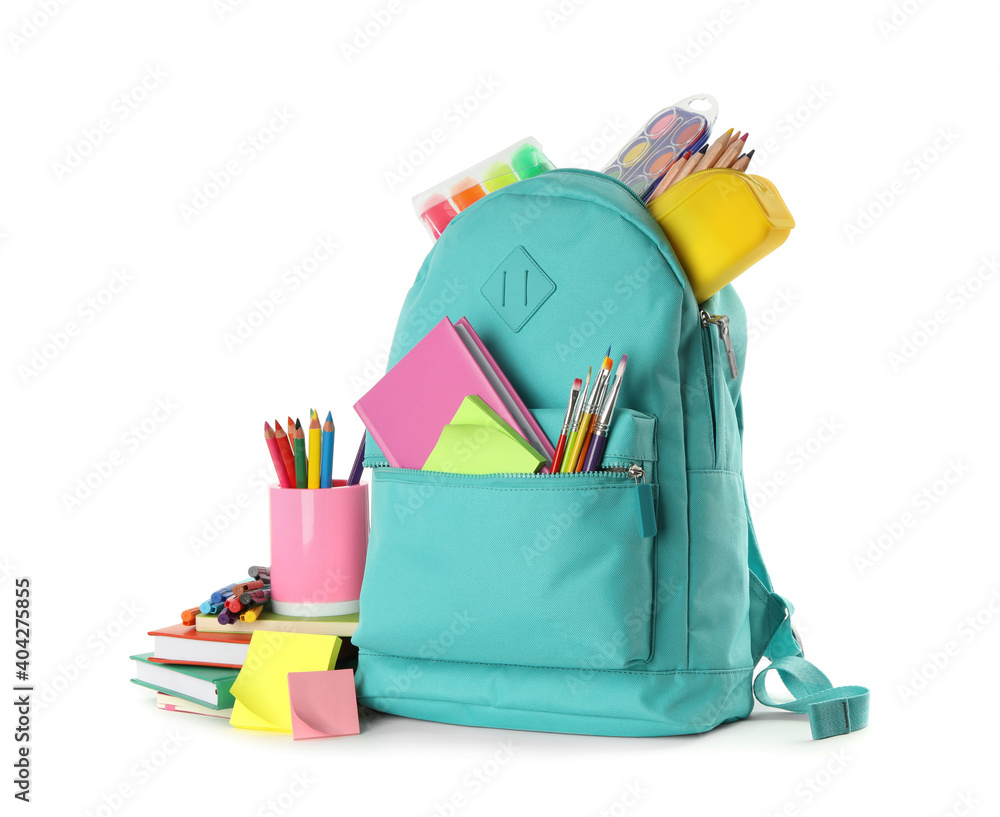 Canvas Prints Turquoise backpack with different school stationery on white background