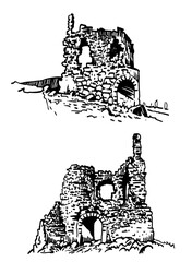 Graphical hand-drawn set of Crimean castles isolated on white background, architecture