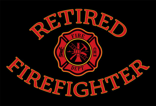 Retired Firefighter Design is a design illustration that includes a classic firefighter Maltese and Retired Firefighter text in red and gold on a black background. Great promotional graphic.