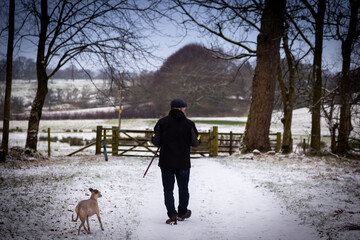 walking the dog out in the snow
