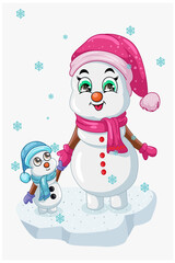 A illustration of snowman mom having fun with her child under crystal rain in the winter snow