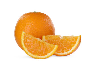Fototapeta na wymiar Cut and whole ripe oranges on white background