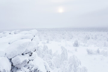 Fototapeta na wymiar winter view from rocky mountain ridge to the snowy wooded hills in frosty fog