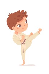 Boy playing karate. Happy kid doing healthy exercise vector illustration. Cute child in kimono striking with leg up, ready in position isolated on white background. Sport class