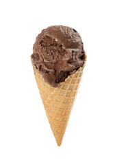 Delicious chocolate ice cream in waffle cone isolated on white
