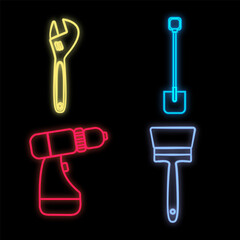 Set of bright glowing multicolored construction industrial neon signs for shop workshop service center beautiful shiny with wrench brush screwdriver shovel on black background. illustration