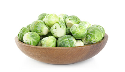 Fresh Brussels sprouts in bowl isolated on white
