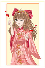 Beautiful anime girl japanese with brown hair wearing pink kimono and red hair ribbon