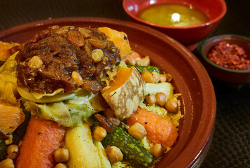 Close up tajine vegetables topic Morocco dish taijin