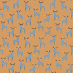 Christmas seamless pattern with deer on yellow background. Christmas and New Year pattern, perfect for wrapping paper, textiles, cards, invitations, posters