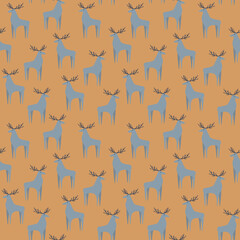 Christmas seamless pattern with deer on yellow background. Christmas and New Year pattern, perfect for wrapping paper, textiles, cards, invitations, posters