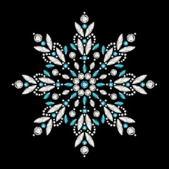 Vintage snowflake pattern, jewelry winter decoration with diamonds and precious gemstones isolated on black background. Christmas ornament.
