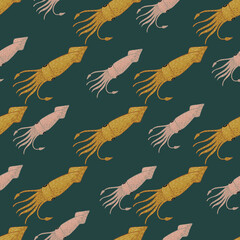 Nature sea seamless pattern with pink and yellow pale squids silhouettes on turquoise background.