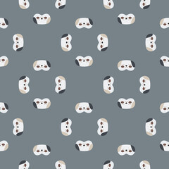 Dog head white with black color geometric seamless pattern on gray background. Children graphic design element for different purposes.
