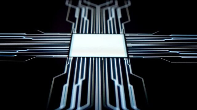 Human finger is pressing a digital button on a touchscreen. Futuristic microprocessor is starting the operation of the computer program. Machine learning and artificial intelligence concept.