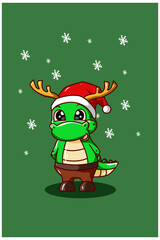 The dinosaur wearing a Christmas costume with green background