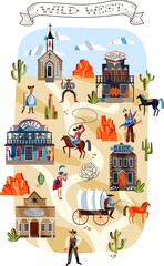 Wild west characters in desert with cactus and rocks. Western american people in wilderness vector illustration. Horseman with lasso, man with wagon, sheriff, indian man, woman with rifle