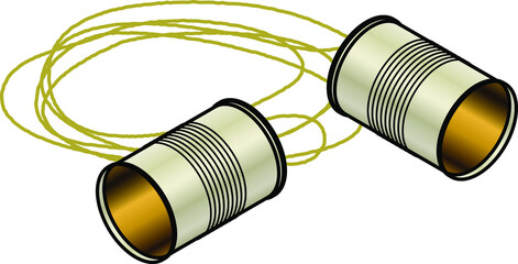 Two empty tin cans with string. Tin can phone.