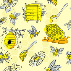 beautiful pattern of objects drawn by hand in doodle style. yellow and gray. natural bee honey, bees and various jars. Vector illustration isolated on white background.