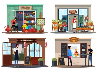 Small business shops set. Owners of ceramics store, flower and plant, barber shops, coffeeshop. Local downtown market vector illustration. Cuisine, modern service and customers