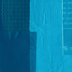 Blue torn paper collage close-up. Texture made from various paper and cardboard parts. Damaged old paper background. Vintage blank wallpaper. Material design backdrop.