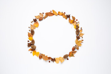 Flat lay composition with autumn leaves and space for text on white background