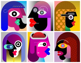 Gordijnen Zes gezichten moderne kunst grafische illustratie. Ontwerp van zes verschillende abstracte portretten. ©  danjazzia