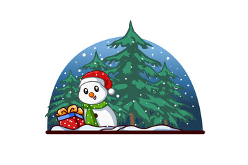 Little snowman with one Christmas gift in the forest at night