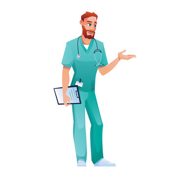 Practitioner In Blue Scrub Top And Pants, Speaking And Gesturing Isolated Doctor. Vector Medical Worker With Folder With Prescription Or Therapy List Appointment To Patient. Bearded Physician